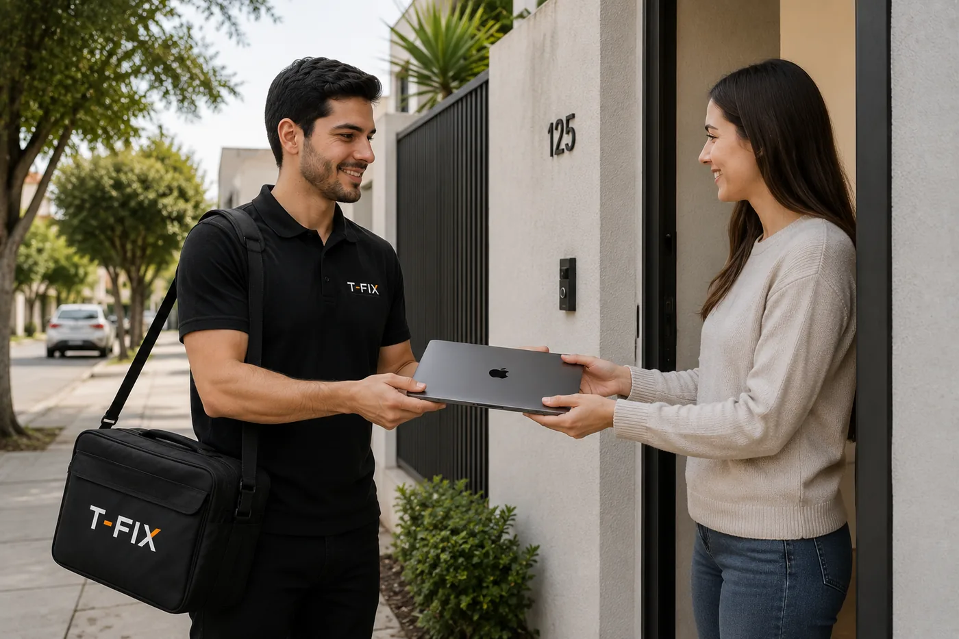Un técnico de T-FIX entrega una MacBook reparada a una clienta en la puerta de su casa.