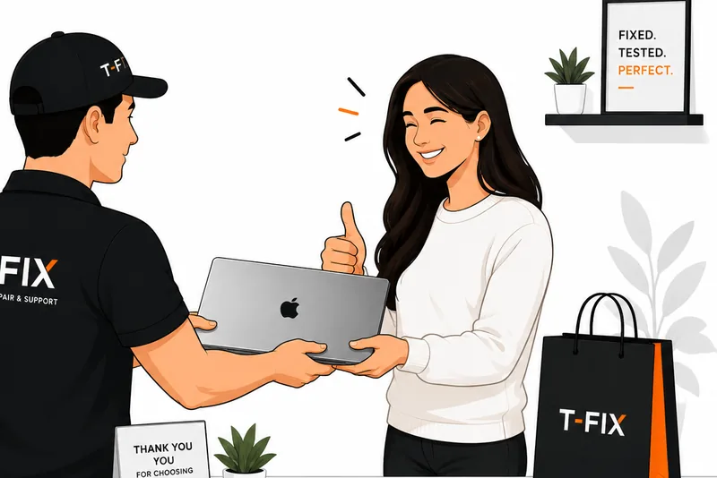 Un técnico de T-FIX devuelve una MacBook reparada a una clienta que sonríe.